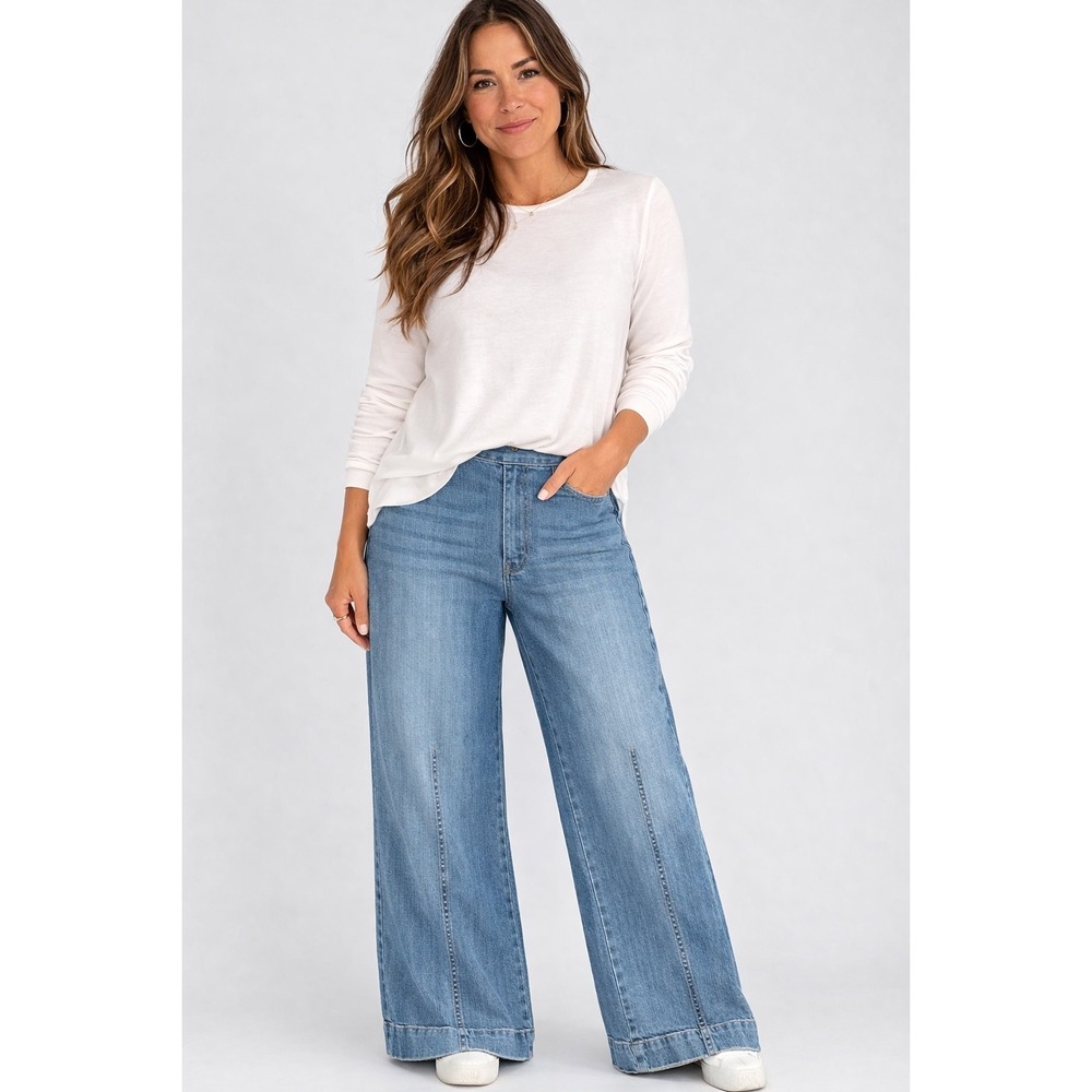 Spanx Seamed Front Wide-Leg Jeans Vintage Indigo Tummy‎ Shaping Women Large